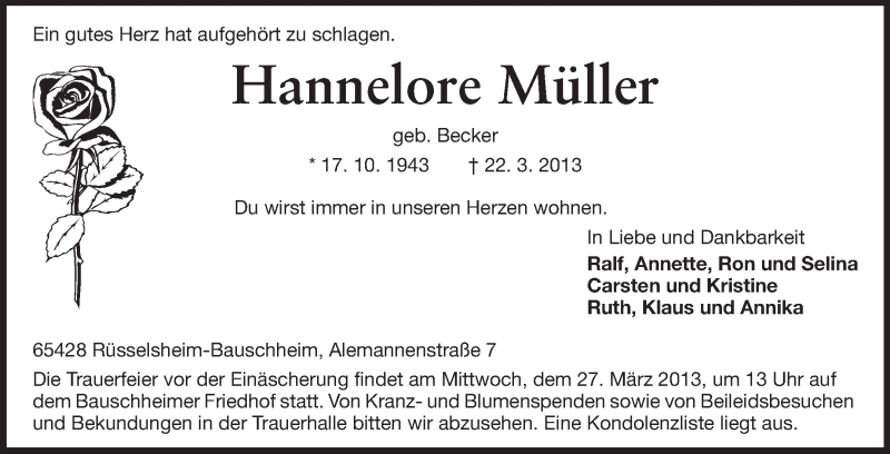  Traueranzeige für Hannelore Müller vom 25.03.2013 aus Rüsselsheimer Echo, Groß-Gerauer-Echo, Ried Echo