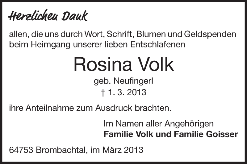  Traueranzeige für Rosina Volk vom 27.03.2013 aus Odenwälder Echo
