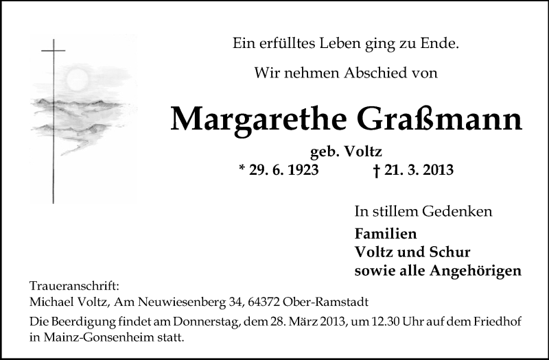  Traueranzeige für Margarethe Graßmann vom 26.03.2013 aus Echo-Zeitungen (Gesamtausgabe)