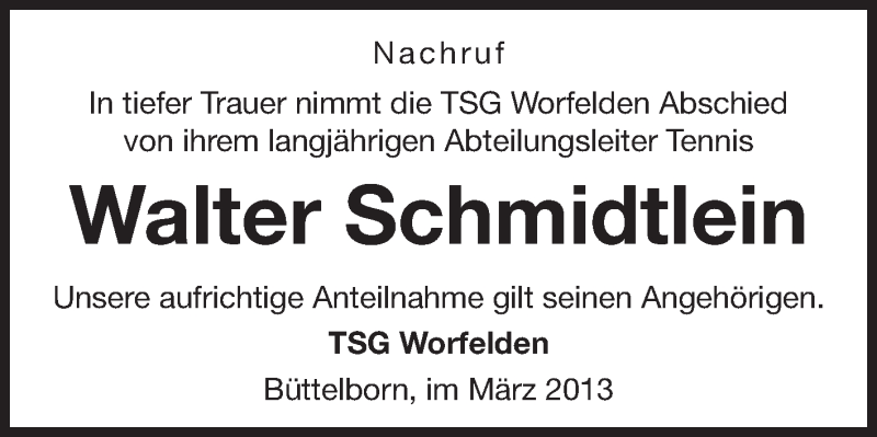  Traueranzeige für Walter Schmidtlein vom 26.03.2013 aus Rüsselsheimer Echo, Groß-Gerauer-Echo, Ried Echo