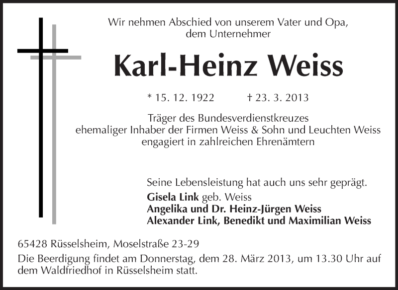 Traueranzeige für Karl-Heinz Weiss vom 26.03.2013 aus Rüsselsheimer Echo, Groß-Gerauer-Echo, Ried Echo