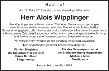 Traueranzeige von Alois Wipplinger von Starkenburger Echo
