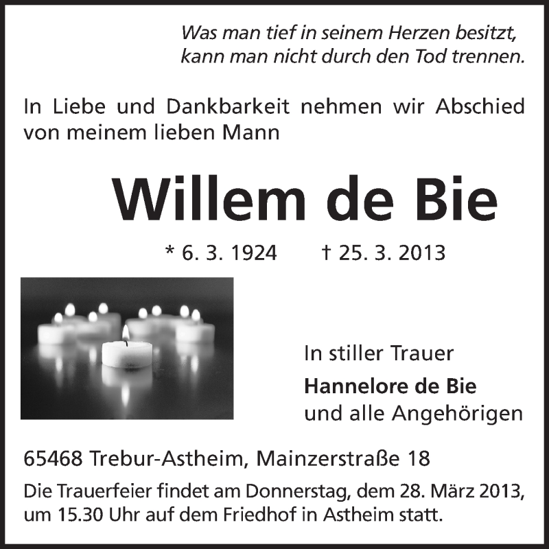  Traueranzeige für Willem de Bie vom 26.03.2013 aus Rüsselsheimer Echo, Groß-Gerauer-Echo, Ried Echo