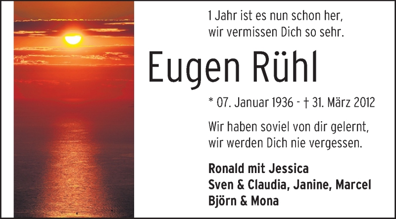  Traueranzeige für Eugen Rühl vom 30.03.2013 aus Rüsselsheimer Echo, Groß-Gerauer-Echo, Ried Echo