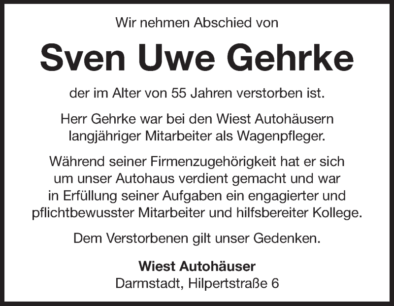  Traueranzeige für Sven Uwe Gehrke vom 26.03.2013 aus Echo-Zeitungen (Gesamtausgabe)