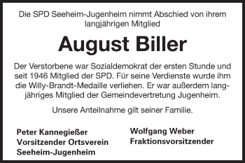 Traueranzeige von August Biller von Echo-Zeitungen (Gesamtausgabe)