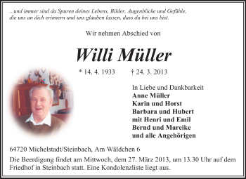 Traueranzeige von Willi Müller von Odenwälder Echo