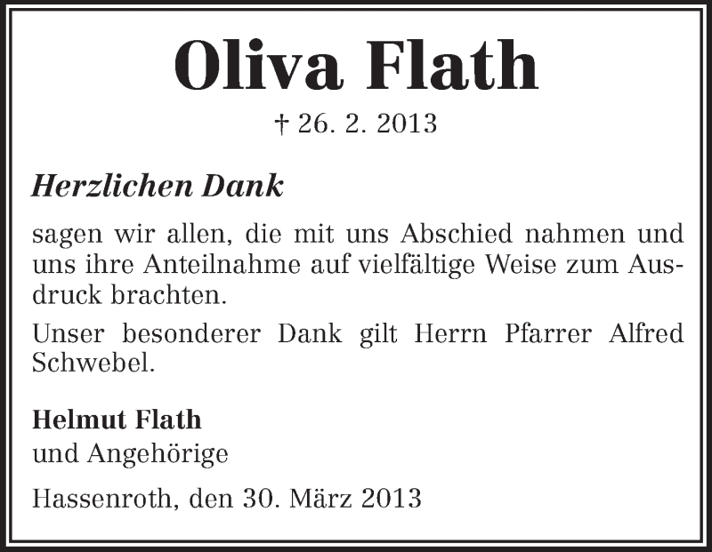  Traueranzeige für Oliva Flath vom 30.03.2013 aus Echo-Zeitungen (Gesamtausgabe)