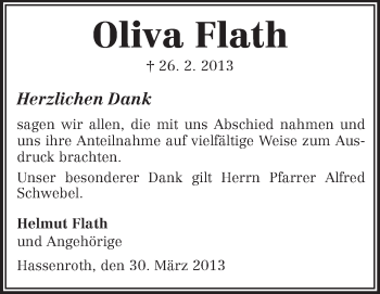 Traueranzeige von Oliva Flath von Echo-Zeitungen (Gesamtausgabe)