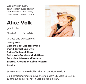 Traueranzeige von Alice Volk von Echo-Zeitungen (Gesamtausgabe)