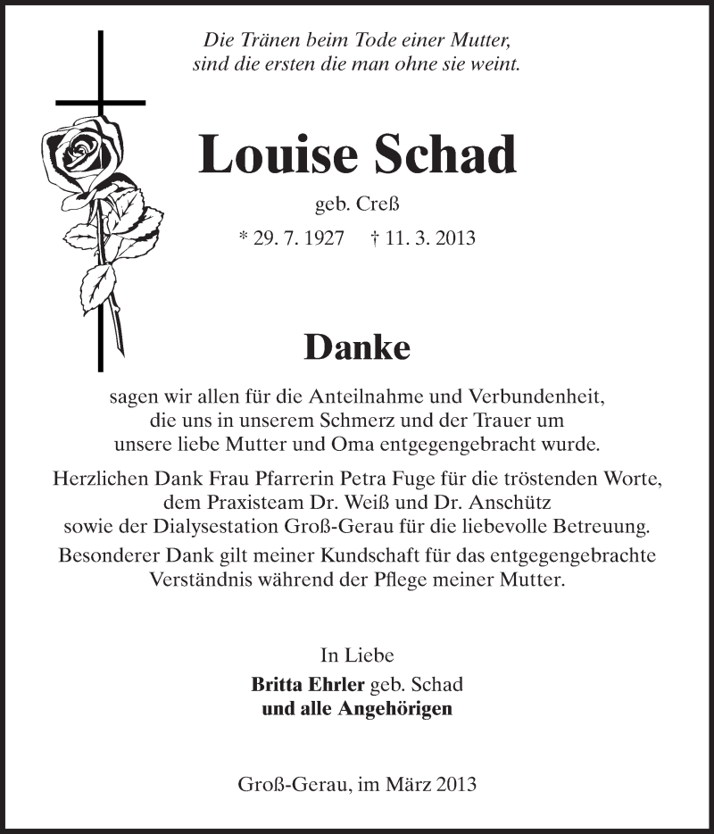  Traueranzeige für Louise Schad vom 27.03.2013 aus Rüsselsheimer Echo, Groß-Gerauer-Echo, Ried Echo