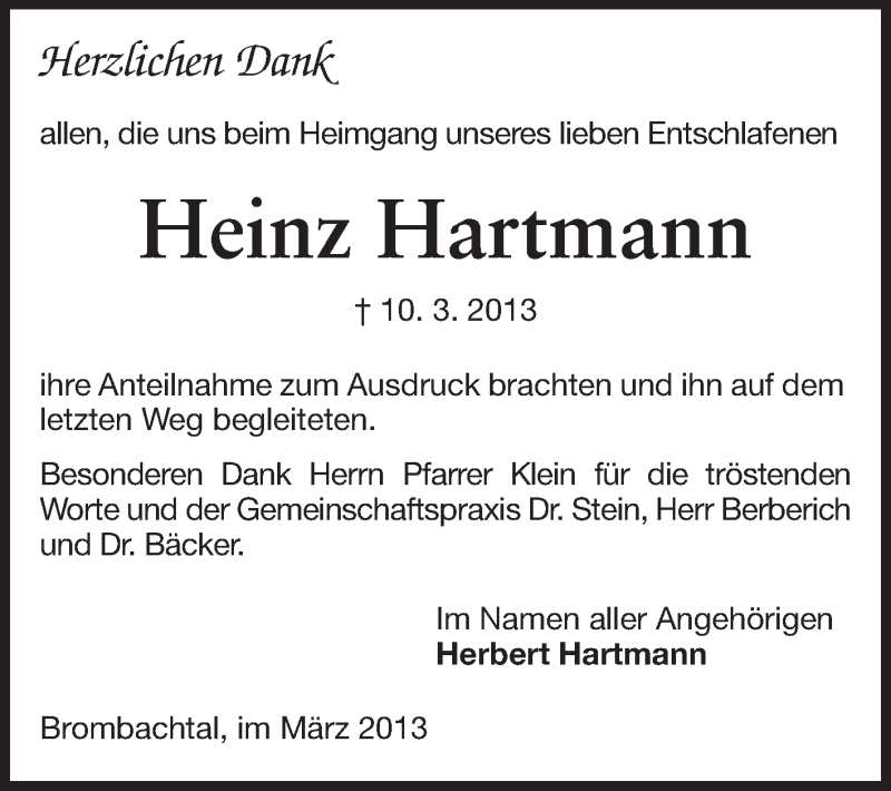  Traueranzeige für Heinz Hartmann vom 30.03.2013 aus Odenwälder Echo
