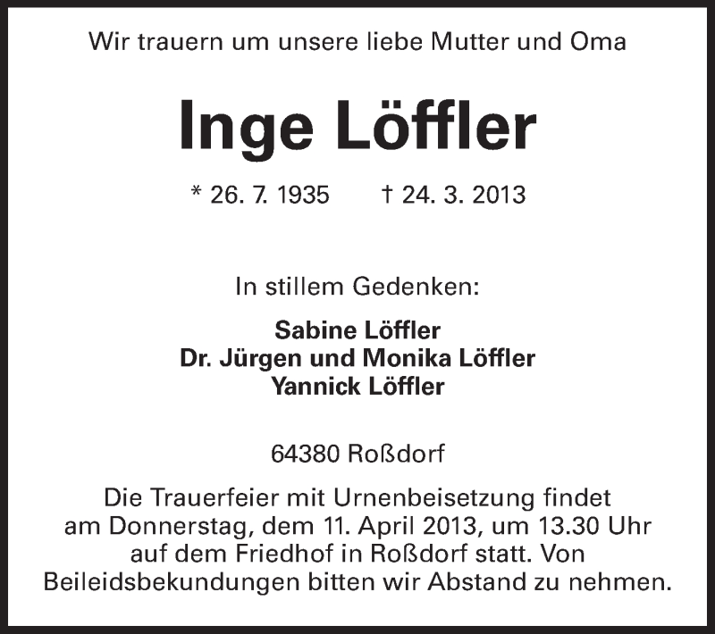  Traueranzeige für Inge Löffler vom 03.04.2013 aus Echo-Zeitungen (Gesamtausgabe)