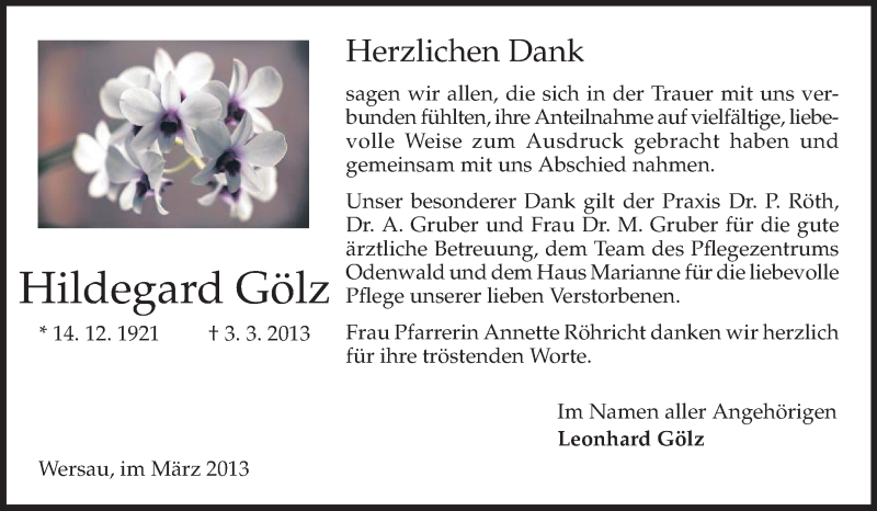  Traueranzeige für Hildegard Gölz vom 30.03.2013 aus Odenwälder Echo