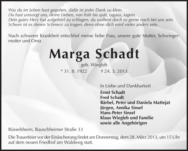  Traueranzeige für Marga Schadt vom 27.03.2013 aus Rüsselsheimer Echo, Groß-Gerauer-Echo, Ried Echo