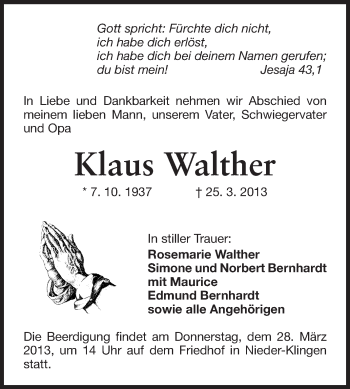 Traueranzeige von Klaus Walther von Echo-Zeitungen (Gesamtausgabe)