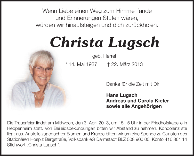  Traueranzeige für Christa Lugsch vom 30.03.2013 aus Starkenburger Echo