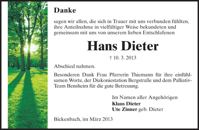  Traueranzeige für Hans Dieter vom 30.03.2013 aus Echo-Zeitungen (Gesamtausgabe)