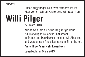 Traueranzeige von Willi Pilger von Odenwälder Echo