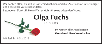 Traueranzeige von Olga Fuchs von Echo-Zeitungen (Gesamtausgabe)