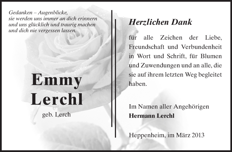  Traueranzeige für Emmy Lerchl vom 30.03.2013 aus Starkenburger Echo, Bergsträßer Anzeiger