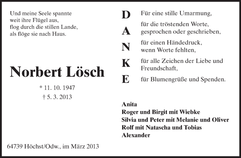  Traueranzeige für Norbert Lösch vom 30.03.2013 aus Odenwälder Echo