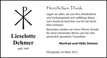 Traueranzeige von Lieselotte Dehmer von Echo-Zeitungen (Gesamtausgabe)