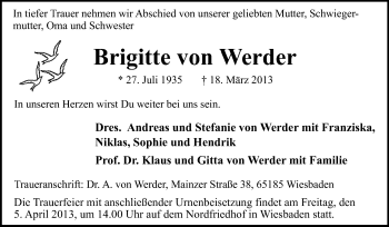 Traueranzeige von Brigitte von Werder von Echo-Zeitungen (Gesamtausgabe)