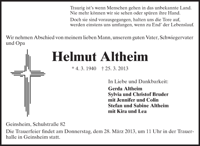  Traueranzeige für Helmut Altheim vom 28.03.2013 aus Rüsselsheimer Echo, Groß-Gerauer-Echo, Ried Echo