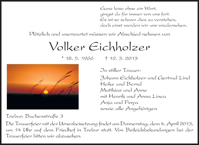  Traueranzeige für Volker Eichholzer vom 28.03.2013 aus Rüsselsheimer Echo, Groß-Gerauer-Echo, Ried Echo