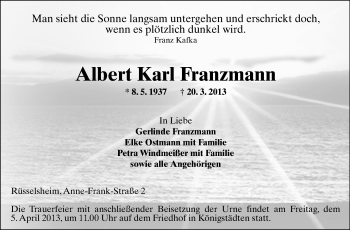 Traueranzeige von Albert Karl Franzmann von Rüsselsheimer Echo, Groß-Gerauer-Echo, Ried Echo