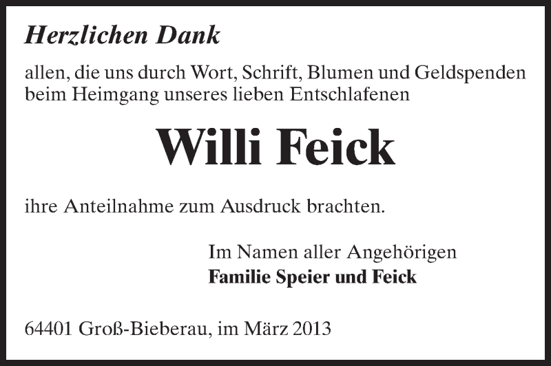  Traueranzeige für Willi Feick vom 30.03.2013 aus Echo-Zeitungen (Gesamtausgabe)