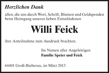Traueranzeige von Willi Feick von Echo-Zeitungen (Gesamtausgabe)