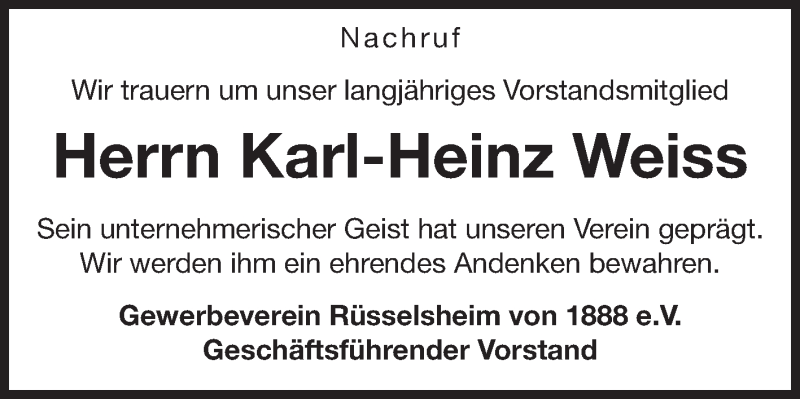  Traueranzeige für Karl-Heinz Weiss vom 28.03.2013 aus Rüsselsheimer Echo, Groß-Gerauer-Echo, Ried Echo