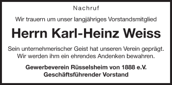 Traueranzeige von Karl-Heinz Weiss von Rüsselsheimer Echo, Groß-Gerauer-Echo, Ried Echo