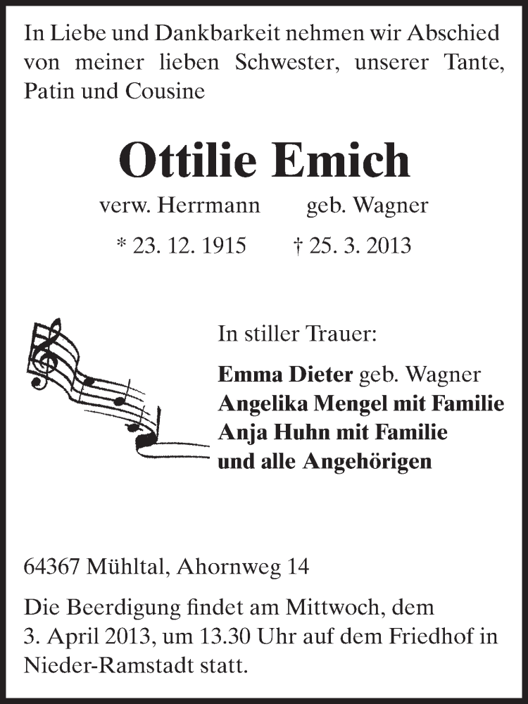  Traueranzeige für Ottilie Emich vom 30.03.2013 aus Echo-Zeitungen (Gesamtausgabe)