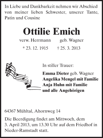 Traueranzeige von Ottilie Emich von Echo-Zeitungen (Gesamtausgabe)