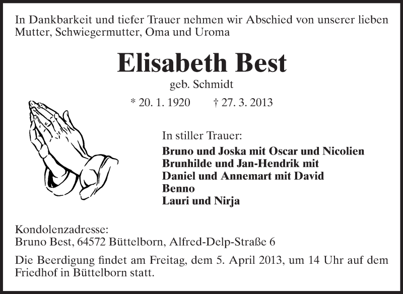  Traueranzeige für Elisabeth Best vom 03.04.2013 aus Rüsselsheimer Echo, Groß-Gerauer-Echo, Ried Echo