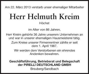 Traueranzeige von Helmuth Kreim von Odenwälder Echo
