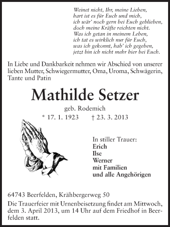 Traueranzeige von Mathilde Setzer von Odenwälder Echo