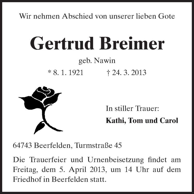  Traueranzeige für Gertrud Breimer vom 03.04.2013 aus Odenwälder Echo