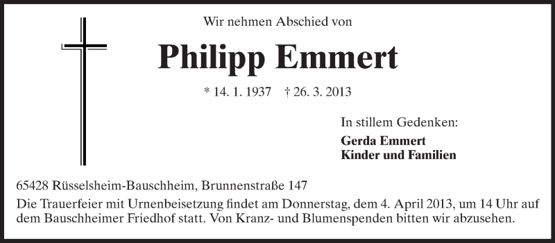  Traueranzeige für Philipp Emmert vom 30.03.2013 aus Rüsselsheimer Echo, Groß-Gerauer-Echo, Ried Echo