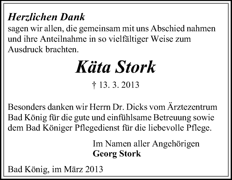  Traueranzeige für Käta Stork vom 10.04.2013 aus Echo-Zeitungen (Gesamtausgabe)