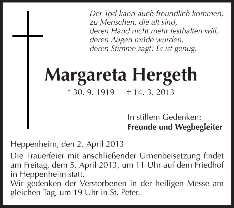  Traueranzeige für Margareta Hergeth vom 02.04.2013 aus Starkenburger Echo