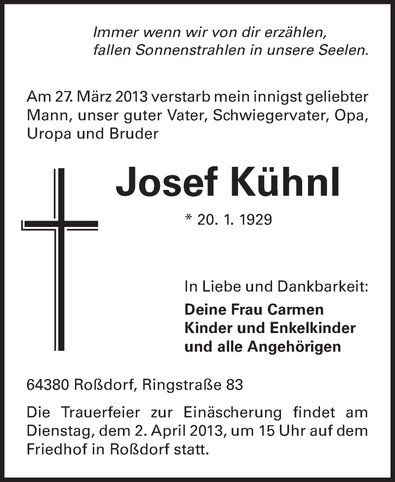  Traueranzeige für Josef Kühnl vom 30.03.2013 aus Echo-Zeitungen (Gesamtausgabe)