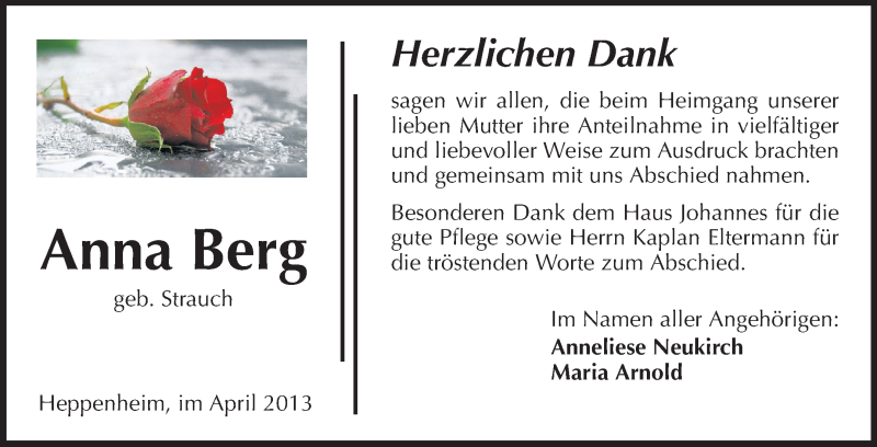  Traueranzeige für Anna Berg vom 03.04.2013 aus Starkenburger Echo