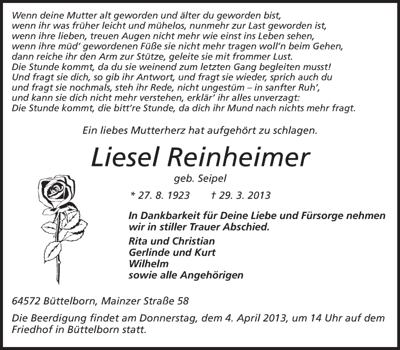  Traueranzeige für Liesel Reinheimer vom 02.04.2013 aus Rüsselsheimer Echo, Groß-Gerauer-Echo, Ried Echo