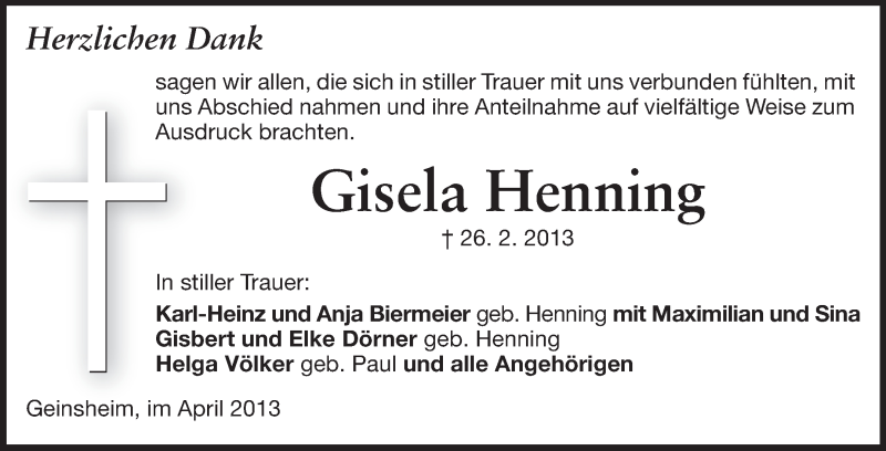  Traueranzeige für Gisela Henning vom 05.04.2013 aus Darmstädter Echo, Odenwälder Echo, Rüsselsheimer Echo, Groß-Gerauer-Echo, Ried Echo