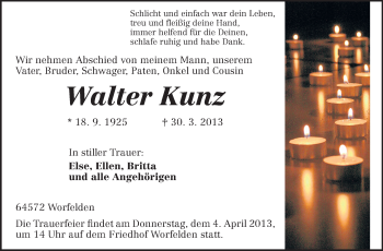 Traueranzeige von Walter Kunz von Echo-Zeitungen (Gesamtausgabe)