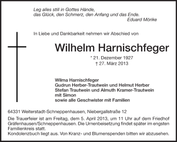 Traueranzeige von Wilhelm Harnischfeger von Echo-Zeitungen (Gesamtausgabe)